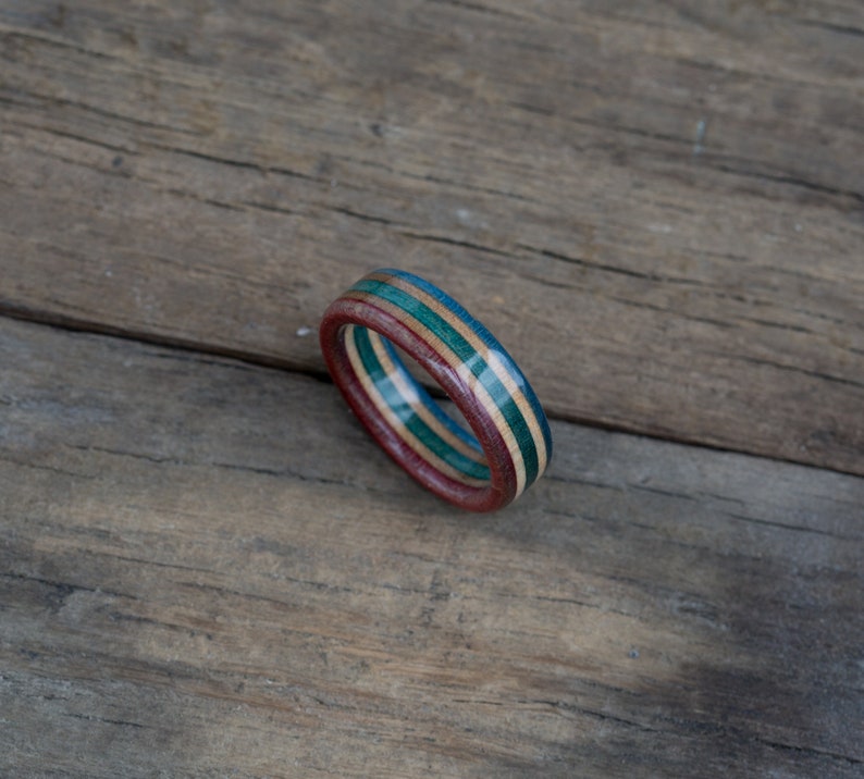 Wooden Ring Skateboard Ring Wedding Bands Anniversary Red And Blue Ring Skate Ring Green Ring For Man Wood Band Recycled image 2