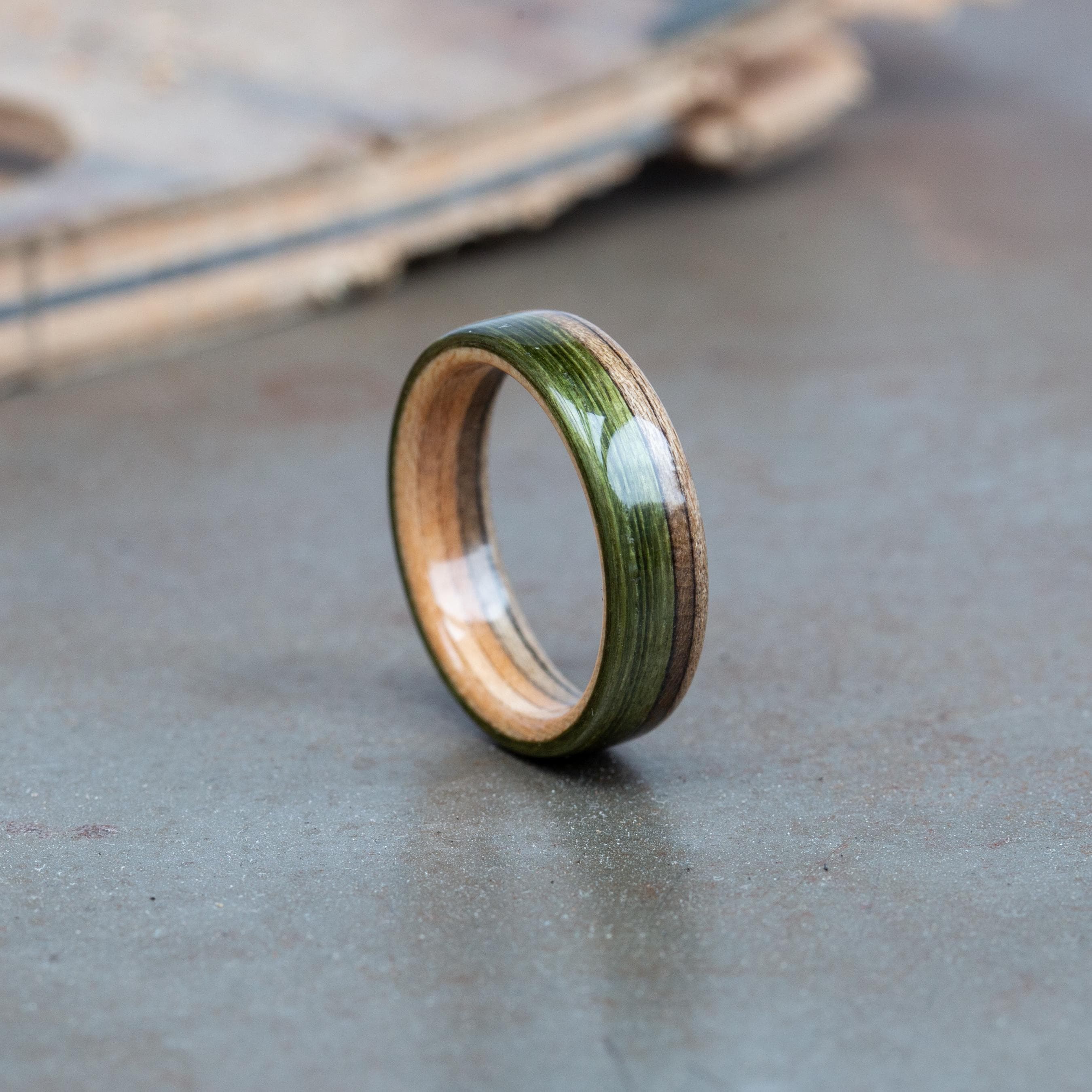 Handmade Green Oak & Maple Ring: Recycled Skateboard Wood Wedding Band