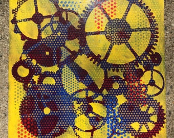 Puzzle - Yellow With Dots Gears Jigsaw Puzzle With Puzzle Board / Abstract Art Jigsaw Puzzle / Hand Painted Hand Cut Magnetic Art Puzzle