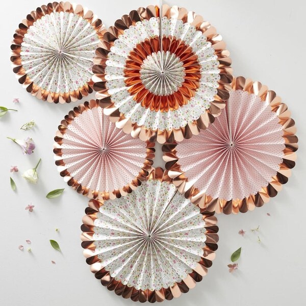 Rose Gold & Floral Paper Fans, Rose Gold Wedding Decor, Rose Gold Baby Shower Fans, Rose Gold Party Fans, Rose Gold Party Decorations