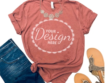 Bella Canvas Heather Mauve Mockup / Bella 3001 Mockup / Bella Canvas 3001CVC Mockup / Bella Canvas Flat Lay / Bella Canvas Mockup