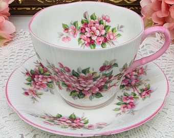 apples butterflies and apple blossom design scented pink wax Christmas birthday gift Duchess fine bone china Teacup candle