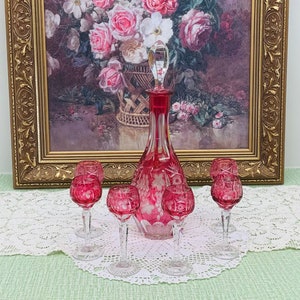 Vintage Imperlux pink crystal cut to clear Decanter and 6 Crystal Cut to Clear Cordials made in Germany