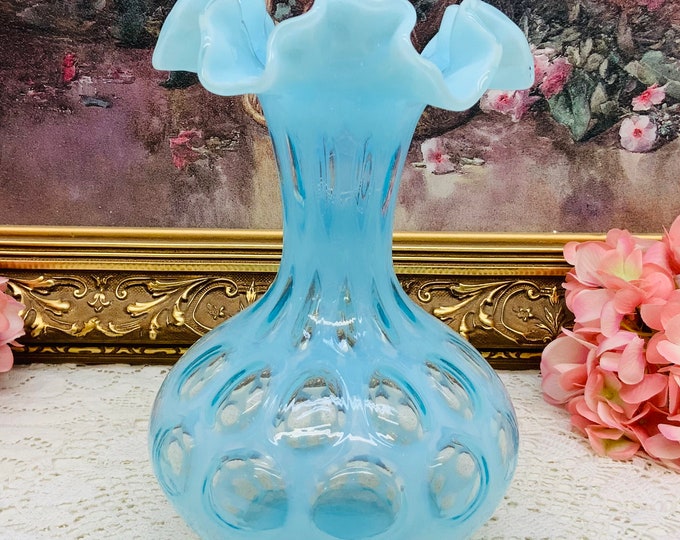 Fenton Art Glass Blue Opalescent Coin Dot Ruffled Rim Vase - Etsy