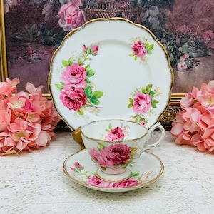 Royal Albert American Beauty teacup and saucer with cake plate circa 1940’s.