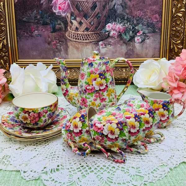 James Kent "Du Barry" teapot with cream and sugar and 4 teacups and saucers