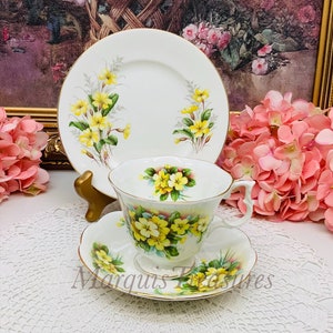 Taza de té y platillo Royal Albert con plato de postre, década de 1970.