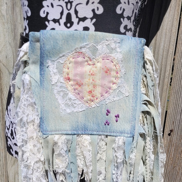 Gorgeous shabby chic long Fringe denim & lace heart patch Belt Bag. Up cycled denim bleach destress