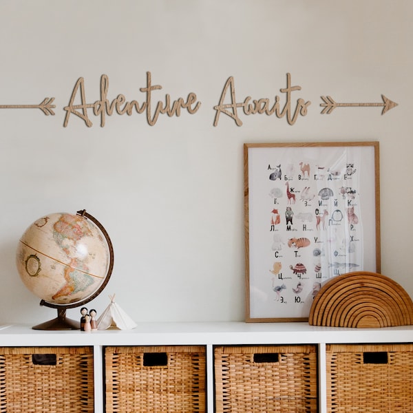 Adventure Awaits wooden wall quote with arrows