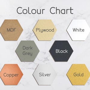 May include: Color chart showing different wood and metal finishes. The colors are MDF, plywood, white, dark grey, black, copper, silver, and gold.