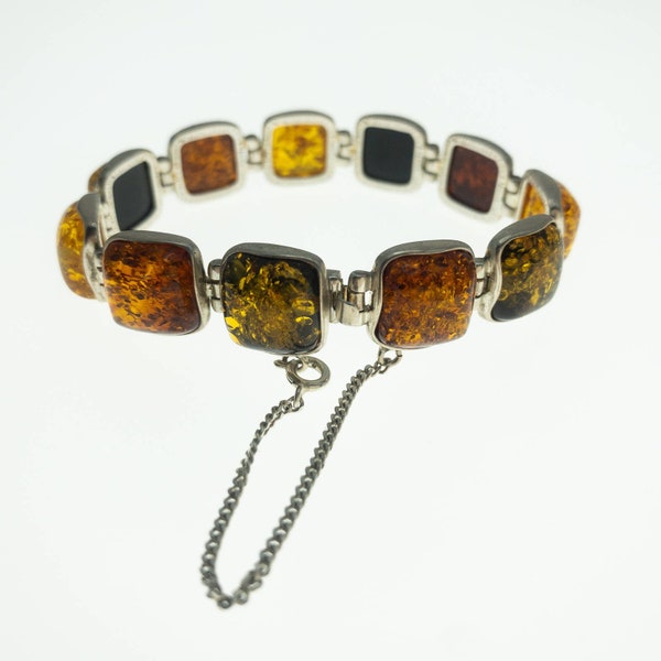 925 Silver Tricolor Amber Bracelet 7" Valerio Square Linked