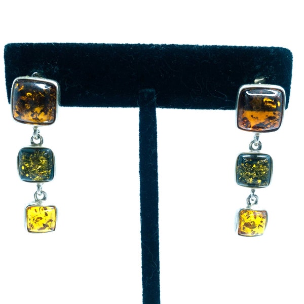 925 Silver Tricolor Amber Earrings Valerio 1-1/4"