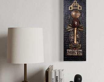 Black found object collage - Assemblage wall art - Black shaker mixed media collage - Assemblage art - 3D mixed media wall art - Unique art