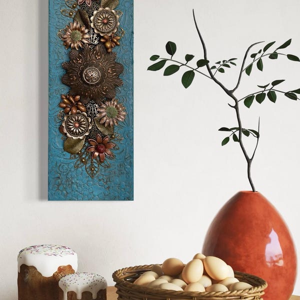 Arte mural de ensamblaje floral - Arte con objetos encontrados - Lienzo 3D - Collage de técnica mixta - Objetos vintage encontrados - Arte mural original - Pieza única