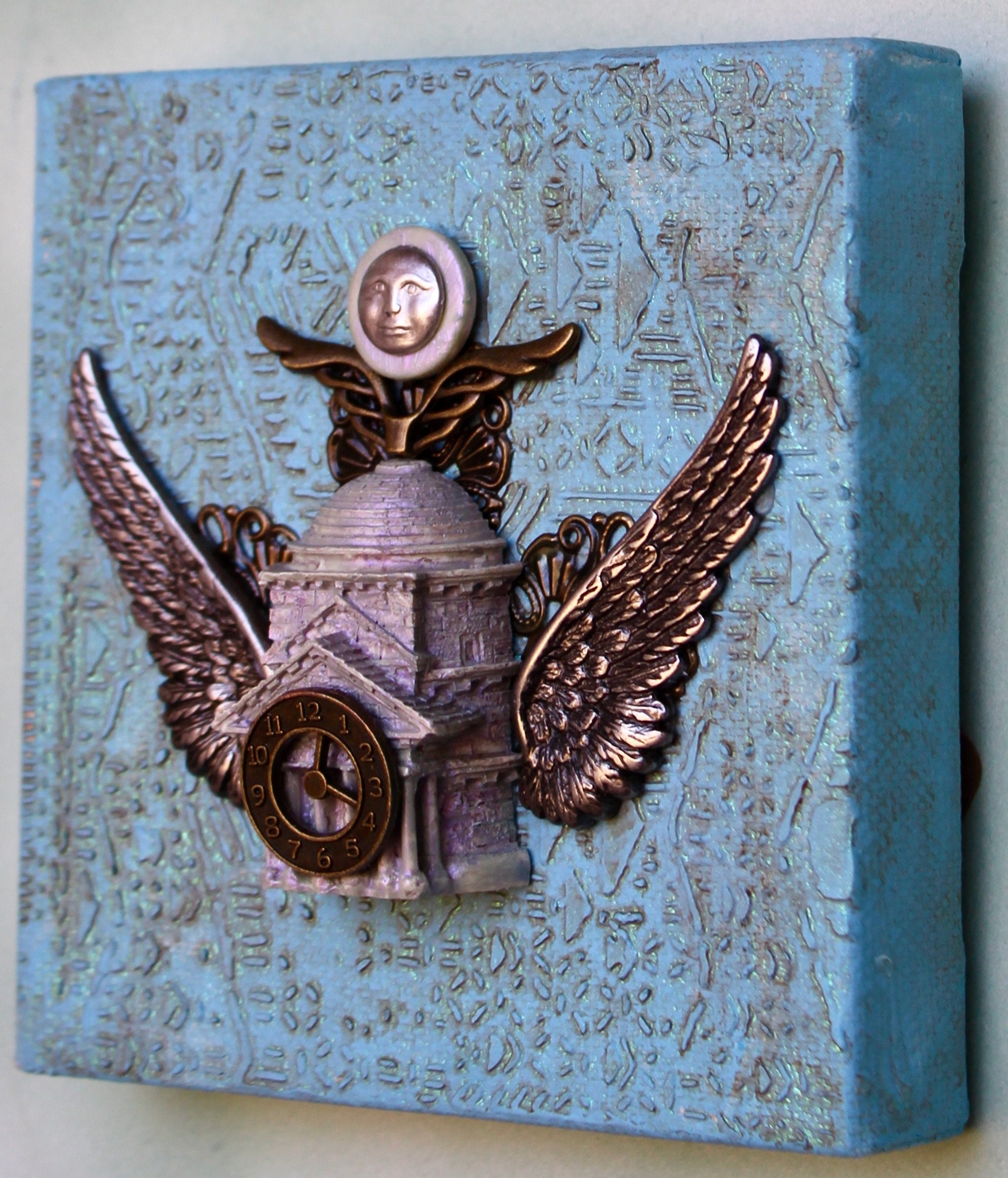 3D Steampunk Wall Art Assemblage Collage 4 Inch Art Wings of Time 3D Mixed  Media Steampunk Décor Found Objects Mini Canvas Art 