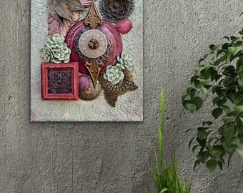 Found object collage - Lush assemblage art - 3D wall art - 5x7 gallery wrapped canvas - Lotus flower art - Vintage found objects - Clock art