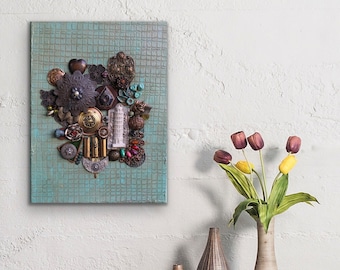 Found object art - Assemblage wall art - 3D collage - Steampunk wall art - Upcycled art - Mixed media collage - Boho style - 3D wall decor