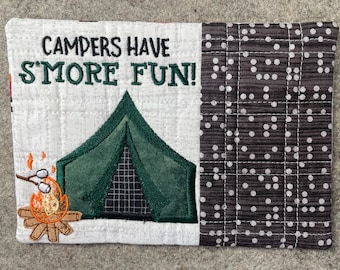 Embroidered mug rug or snack mat with tent and S’mores