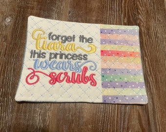 Embroidered mug rug or snack mat for those scrubs wearers
