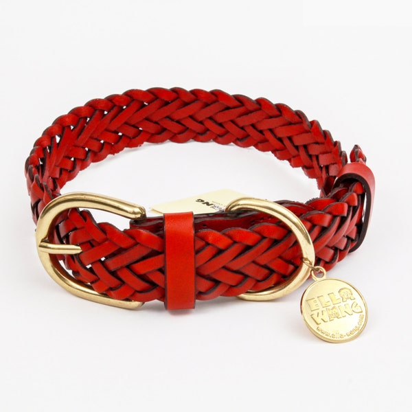 100% Real Genuine Leather Braided Dog Collar,Zinc Alloy Hardware+Free Dog Tag,Best for Medium and Large Dogs-Red