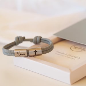 Armband voor communie naam en kruis gegraveerd uit zeiltouw, geschenk voor eerste communie, vormsel, doop