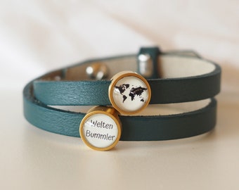 individuelles Lederarmband mit personalisierten Schiebeperlen, Weltenbummler, Travel the world