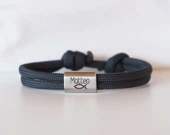 Personalized communion bracelet with engraved fish design made from sailing rope, gift for First Communion, Confirmation, Baptism