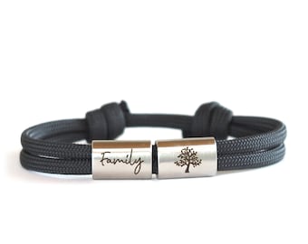 bracelet familial personnalisé avec gravure, arbre de vie, famille, gravure souhaitée, bracelet corde à voile, bracelet surfeur, acier inoxydable, unisexe,