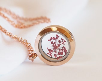 Real dill flowers medallion necklace, small, dried flowers, bridal jewelry, rose gold