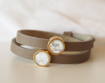 Leather bracelet with personalized sliding beads, family bracelet, children's names