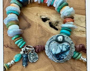 Boho Turquoise Bracelet, Freshwater Pearl, Spiny Oyster, Sterling Silver Heart