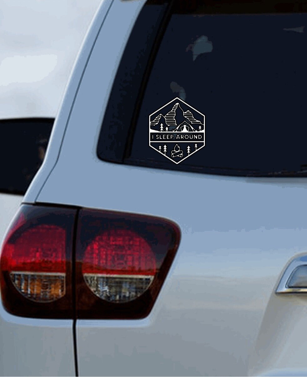 I Sleep Around Camping Decal | Tent, Mountains, Campfire Vinyl Sticker ...