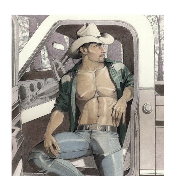 THE PICKUP male nude, cowboy, graphic, gay, man, shirtless, adult, adults, portrait, figure, sexy, painting, giclee, print