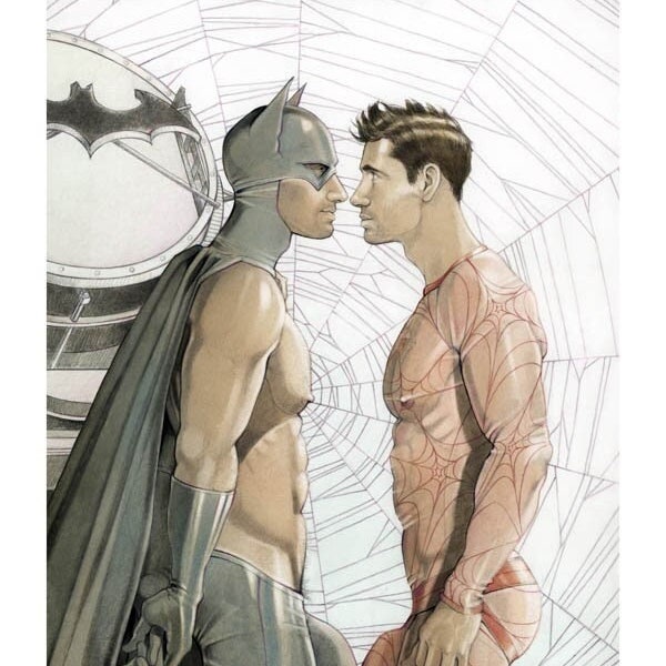 BATMAN vs. SPIDERMAN male nude, graphic, comic, gay, man, adult, adults, portrait, figure, sexy, cartoon, superhero, painting, giclee, print