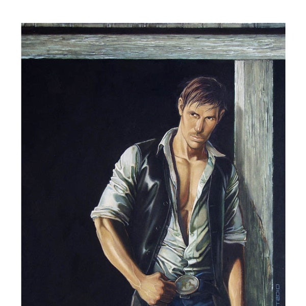 LONESOME COWBOY, fanart, male, nude, man, men, adult, mature, cowboy, kent, portrait, figure, erotic, gay, shirtless, sexy, print, giclee