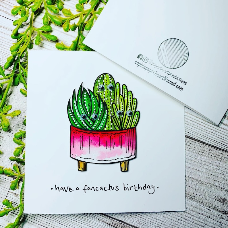 Have a Fancactus Birthday Card Handmade Original Illustration Artwork 13.5cm square card Cactus Plant Green