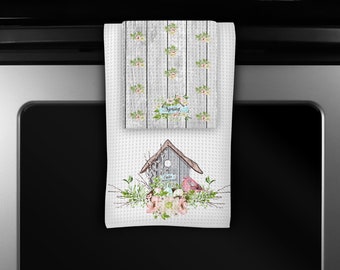 Bird House Hand Towel Set, Farm Style Towels, Kitchen Towels, Housewarming Gift, Home Accents, Country Home Décor
