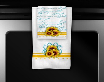 Sunflower Hand Towel Set, Farm Style Towels, Kitchen Towels, Housewarming Gift, Home Accents, Country Home Décor