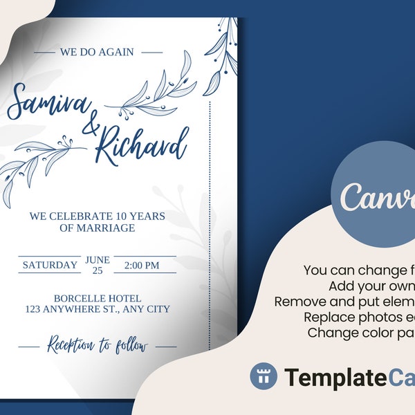 Elegant Blue Floral 10-Year Anniversary Vow Renewal Canva Invitation Template - Customizable & Timeless