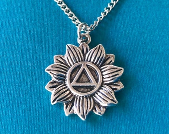 Sobriety Gift for Women / Necklace with AA Daisy Pendant / Alcoholics Anonymous Jewelry with Flower / Recovery Jewelry / Gift for AA Sponsor