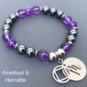 Personalized AA or NA Amethyst & Hematite Sobriety Bracelet with Initial Charm / Recovery Gift for Women / Alcoholics or Narcotics Anonymous