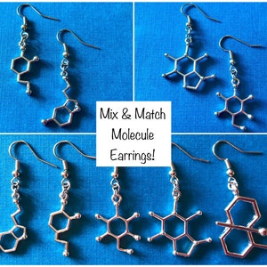 May include: Silver-colored molecule earrings displayed on a blue background. The earrings feature various molecular structures, with the text "Mix & Match Molecule Earrings!" in a white box.