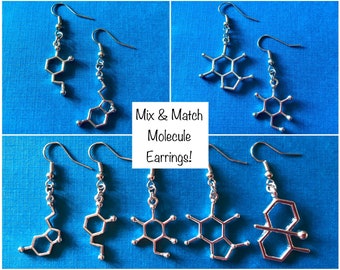 Mix & Match Molecule Earrings / Quirky Gifts / Science Jewelry / Serotonin, Dopamine, Glucose, Caffeine and Geosmin Molecules / Geek Gift