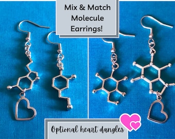 Mix & Match Molecule Earrings with Optional Heart Dangles / Quirky Gifts / Science Jewelry / Serotonin, Dopamine, Glucose, Caffeine, etc.