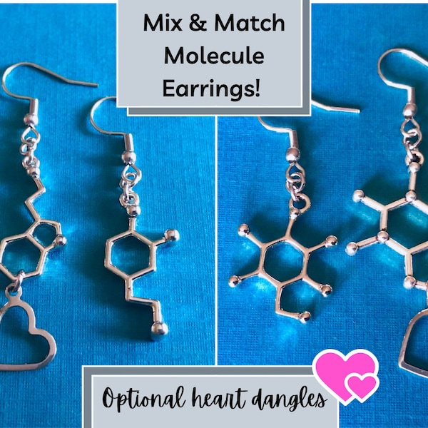 Mix & Match Molecule Earrings with Optional Heart Dangles / Quirky Gifts / Science Jewelry / Serotonin, Dopamine, Glucose, Caffeine, etc.