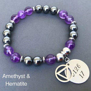 AA or NA Amethyst & Hematite Gemstone Bracelet with Custom Engraved Sobriety Date / Recovery Gift / Alcoholics or Narcotics Anonymous