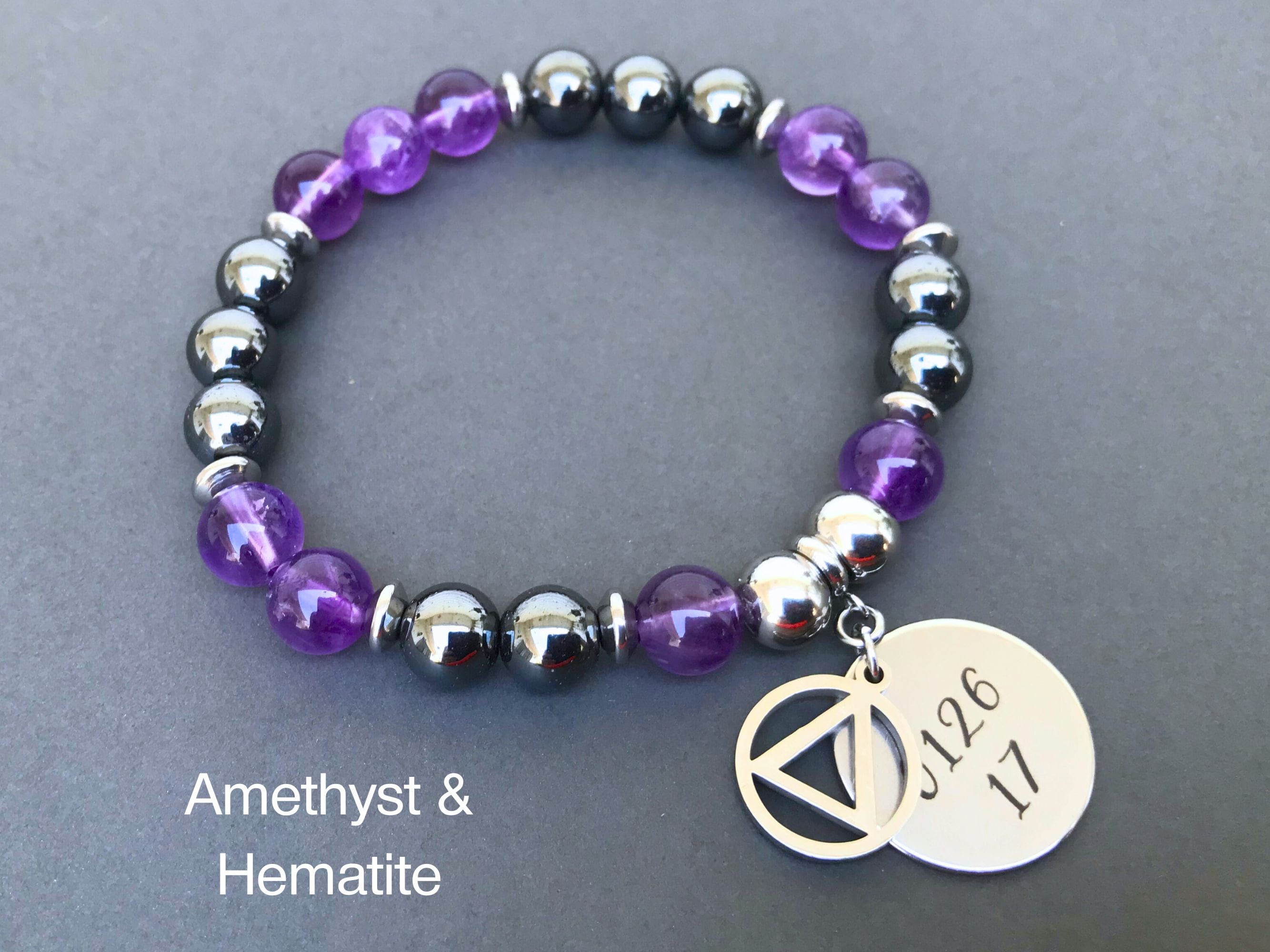 AA or Na Amethyst Hematite Gemstone Bracelet with Custom Engraved Sobriety Date Recovery Gift Alcoholics or Narcotics Anonymous