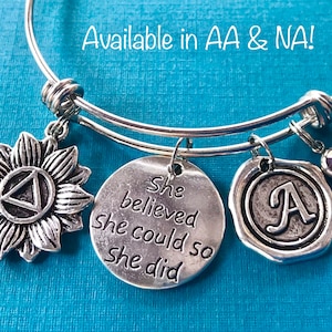 Personalized AA or NA Recovery Bracelet / Daisy, Inspirational message, Initial & Birthstone charms / Sobriety Gift
