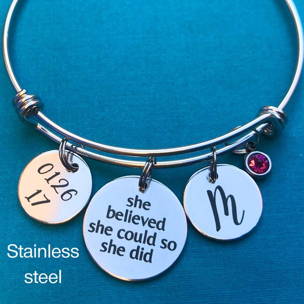 Sobriety Bracelet with Initial, Custom Engraved Date & She believed she could so she did / Recovery Gift for Women / AA or NA Soberversary