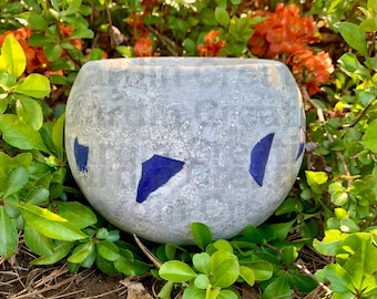Handmade Hypertufa Planter: Blue Tumbled Glass Coastal Decor, Planter, Pot, Succulent Planter, Beach Cottage Decor, Home Decor, Herb Planter